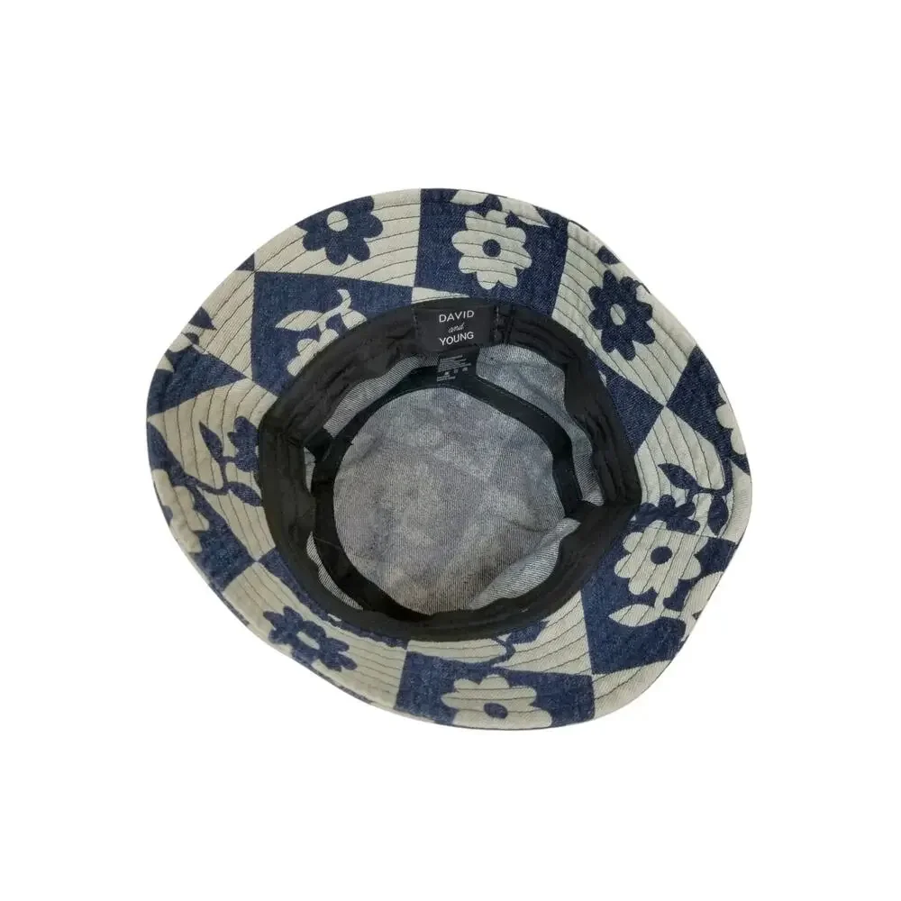 Floral Check Bucket Hat - Navy and Cream